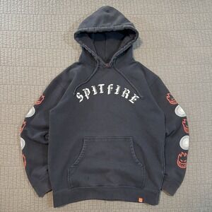 Y2K Spitfire Hoodie Men's Medium Black Faded 2000s Skater Sleeve Hits Distressed